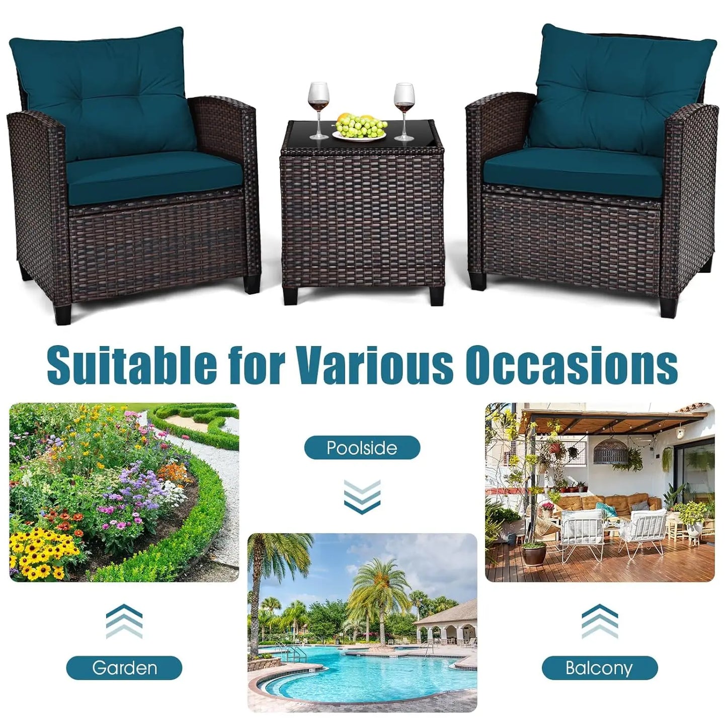 3 Pieces Patio Furniture Set, PE Rattan Wicker 3 Pcs Outdoor Sofa Set w/Washable Cushion and Tempered Glass, Customized