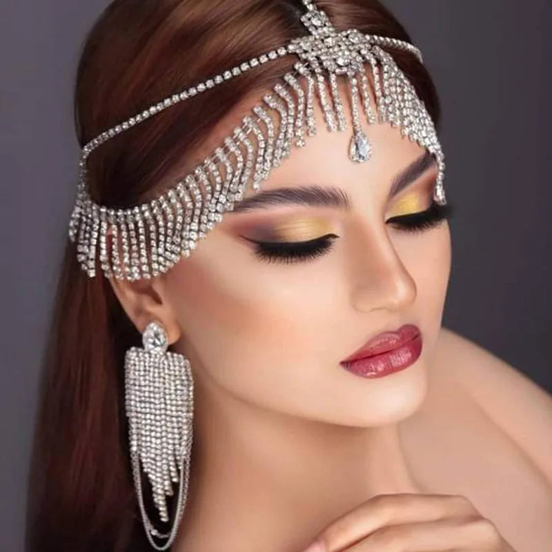 Vintage Rhinestone Head Chain Forehead Headband Indian African Bohemian Hair Accessories Crystal Fringe Tiara Headdress