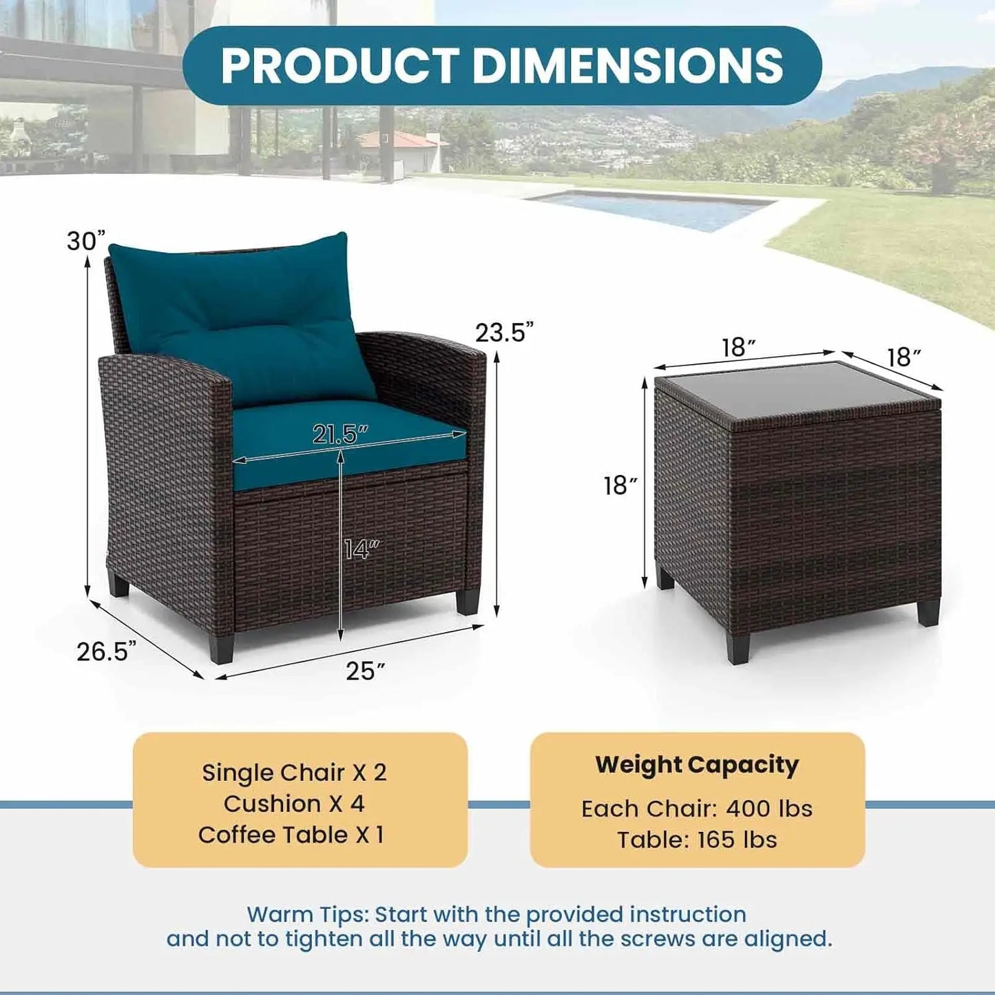 3 Pieces Patio Furniture Set, PE Rattan Wicker 3 Pcs Outdoor Sofa Set w/Washable Cushion and Tempered Glass, Customized