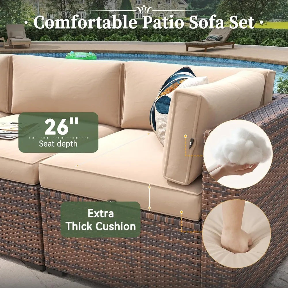 8 Piece Patio Furniture Set with 44” Fire Pit Table Wicker Rattan Outdoor Sectional Sofa Set with Coffee Table and Thickened Cu