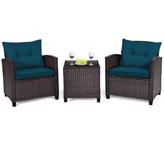 3 Pieces Patio Furniture Set, PE Rattan Wicker 3 Pcs Outdoor Sofa Set w/Washable Cushion and Tempered Glass, Customized