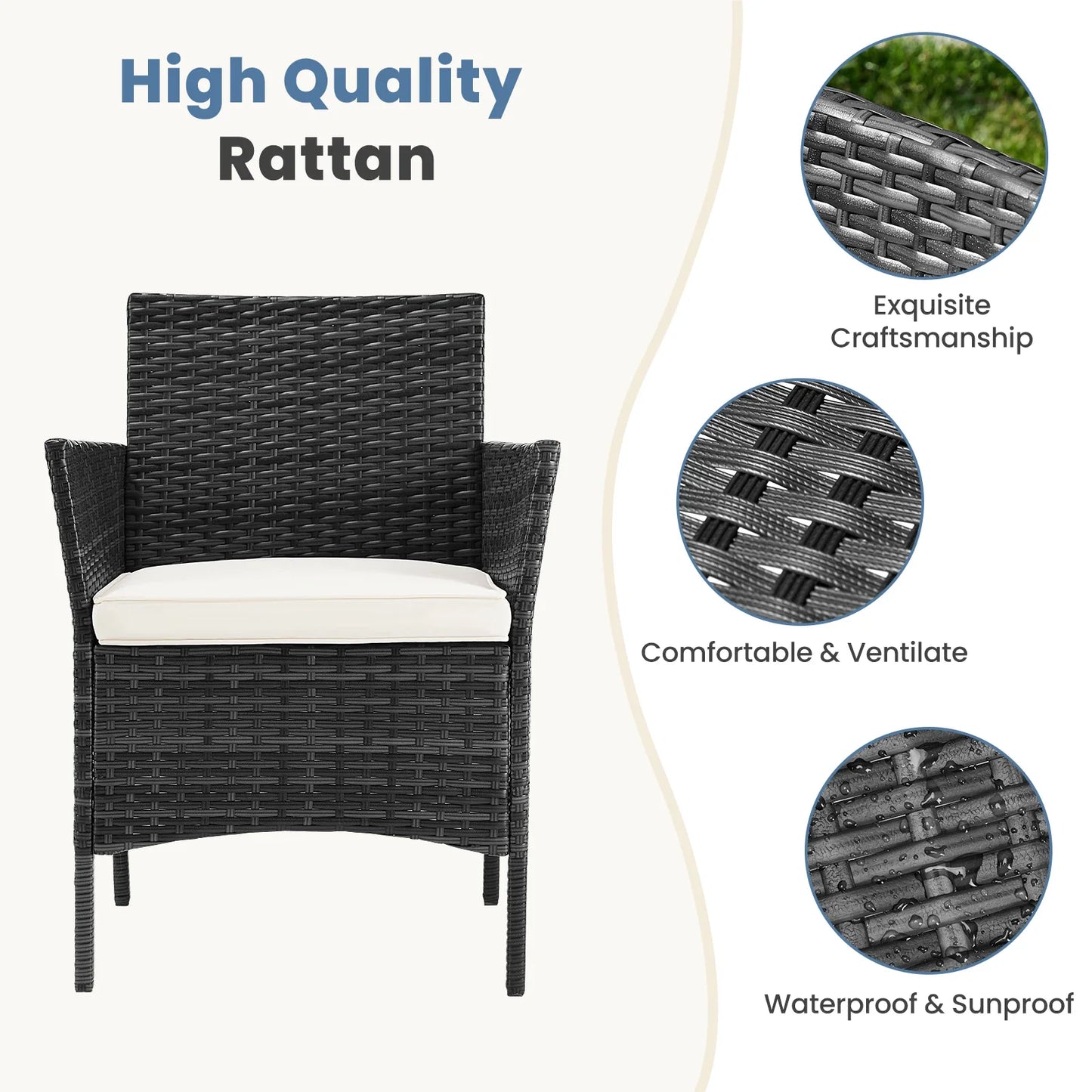 4 Piece Outdoor Patio Furniture Set with Soft Cushion and Glass Table Manual Weaving Wicker Rattan Patio Chairs For Garden