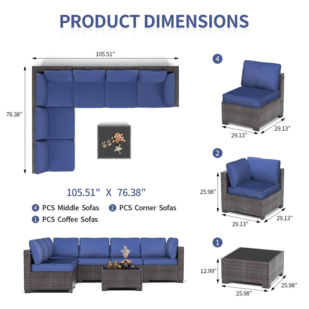 7-Piece PE Rattan Sectional Patio Set, Wicker Outdoor Sofa With Cushions & Glass Coffee Table, Conversation Furniture For Garden