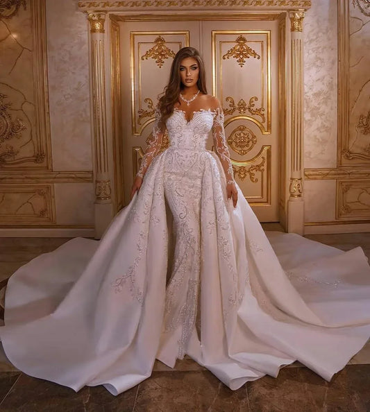 Customized Sexy Illusion Mermaid Satin Wedding Dresses With Detachable Applique Beading Lace Bridal Gowns