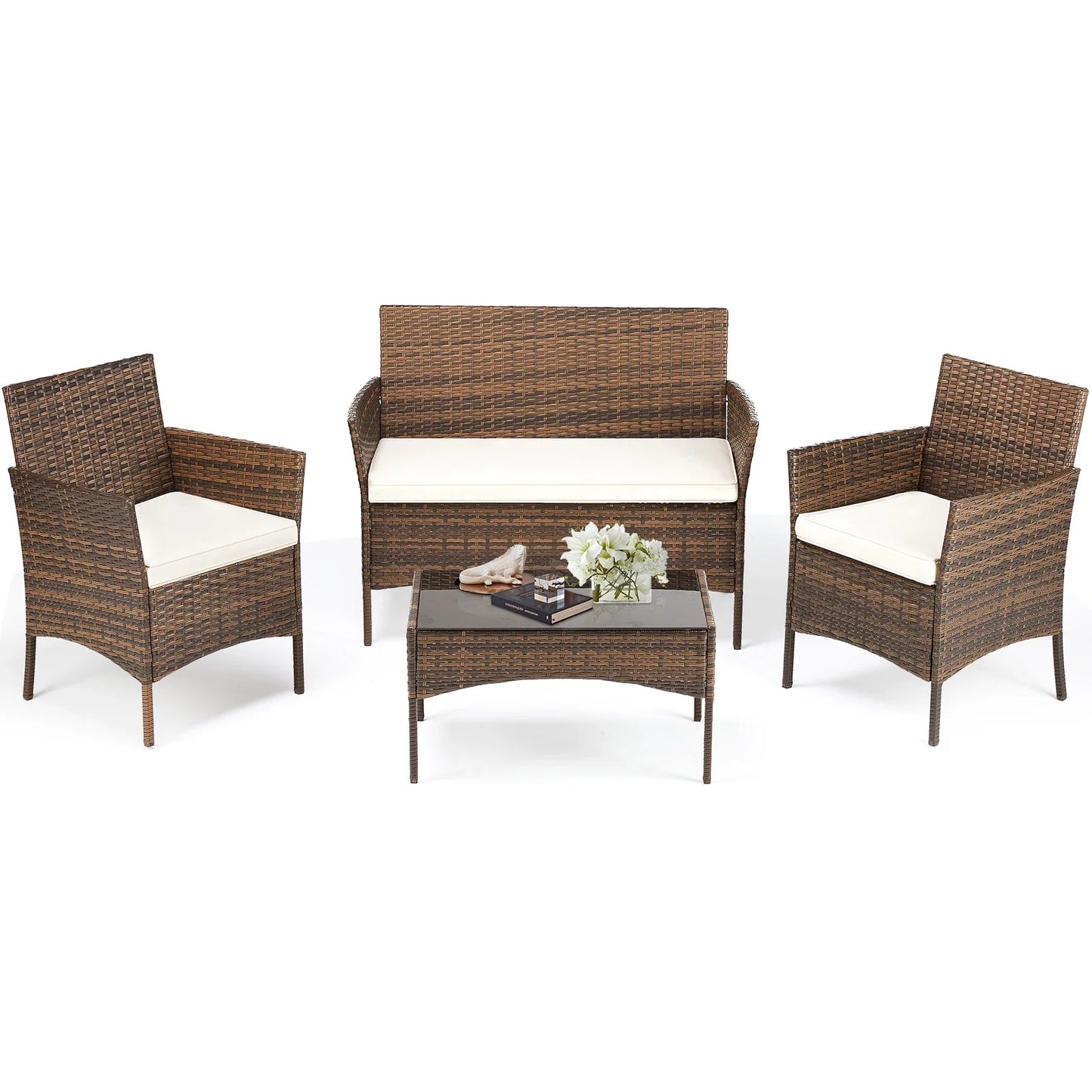 4 Piece Outdoor Patio Furniture Set with Soft Cushion and Glass Table Manual Weaving Wicker Rattan Patio Chairs For Garden