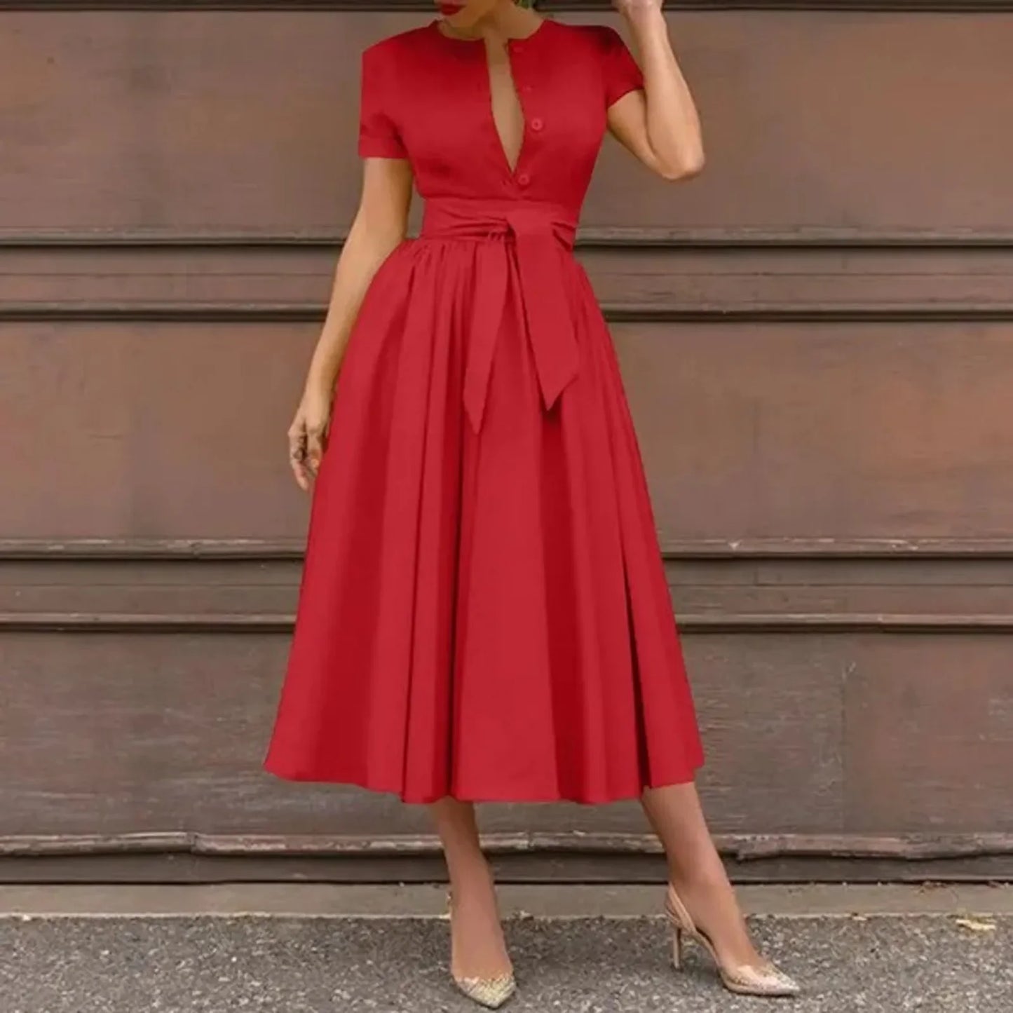 Women Elegant Formal Party Evening Dress Short Sleeve Sashes Mid-Calf Dress