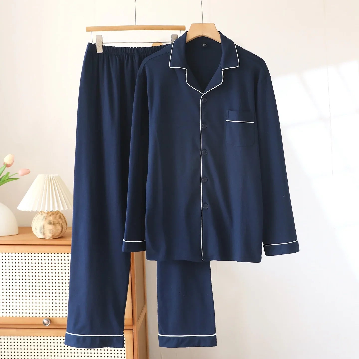 100% Cotton Men Pajamas, Thick sleepwear Long sleeved long pants Nightwear Loungewear