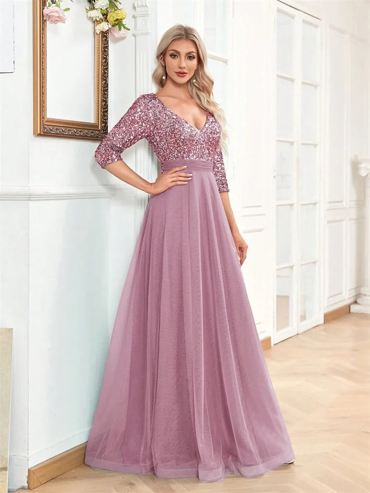 Luxury Floor Length V-Neck Evening Dress Party Maxi Dress Sequin Short Sleeves Prom Cocktail Gown