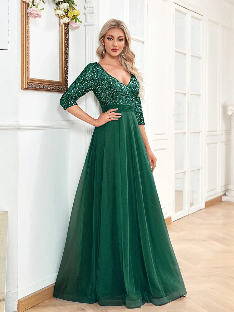 Luxury Floor Length V-Neck Evening Dress Party Maxi Dress Sequin Short Sleeves Prom Cocktail Gown