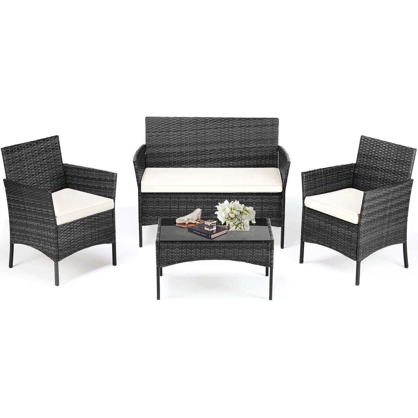 4 Piece Outdoor Patio Furniture Set with Soft Cushion and Glass Table Manual Weaving Wicker Rattan Patio Chairs For Garden