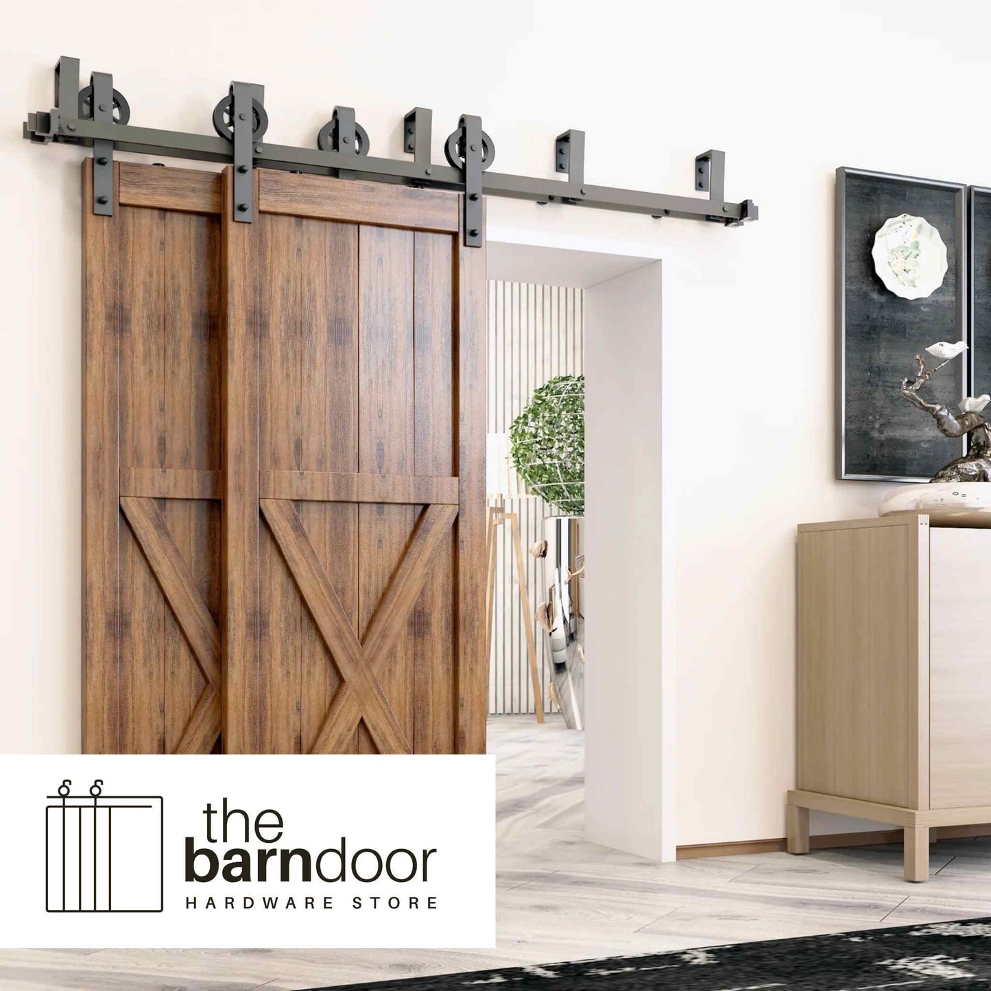 Spoke Wheel Black Double Bypass Barn Door Hardware Kit