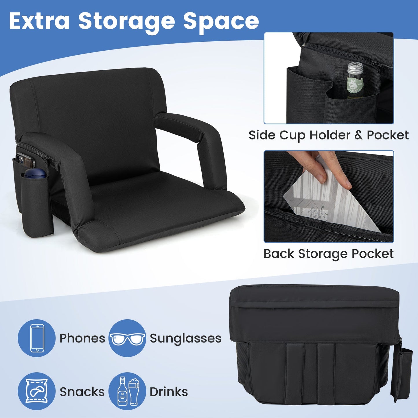 Stadium Seat for Bleachers with Back Support 6 Adjustable Positions-Black