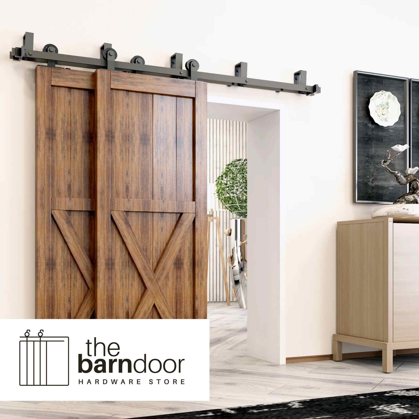 Straight Top Mount Black Double Bypass Barn Door Hardware Kit