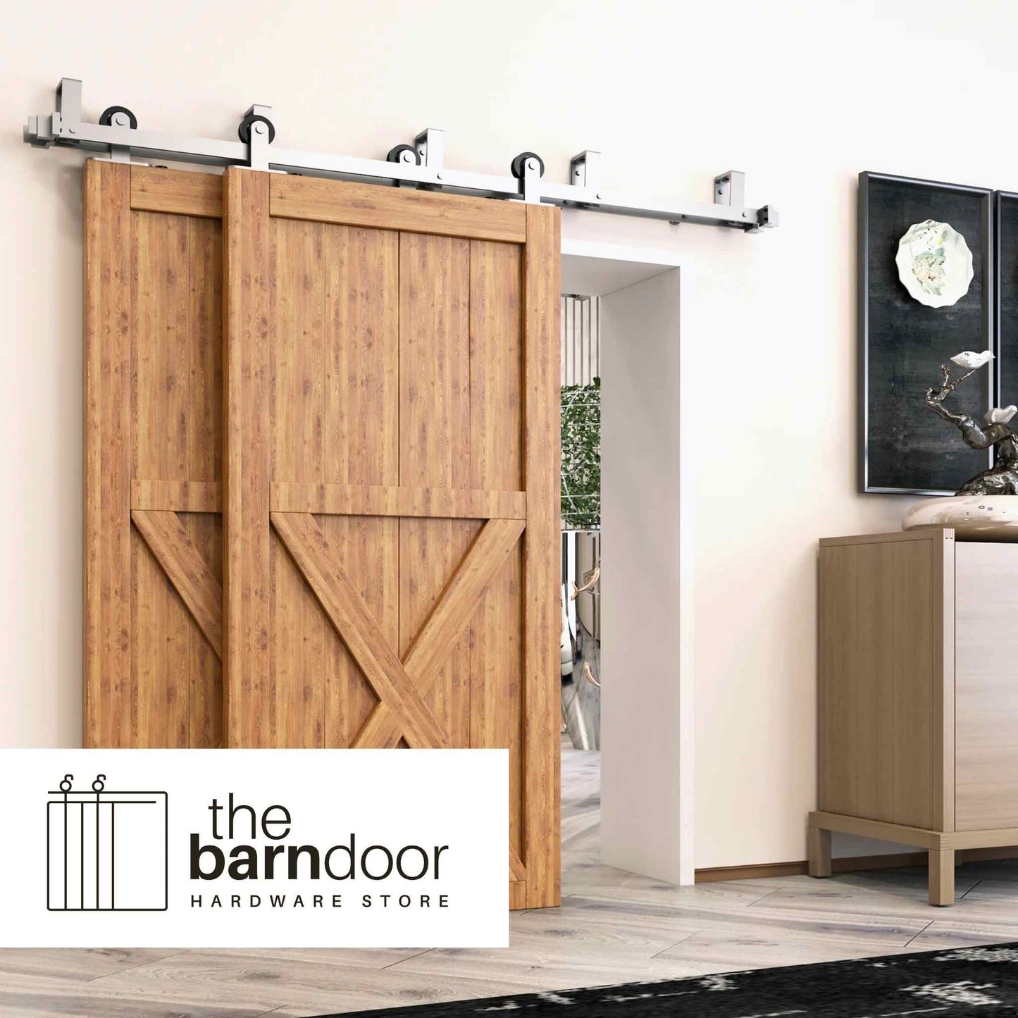 Straight Top Mount Black Double Bypass Barn Door Hardware Kit