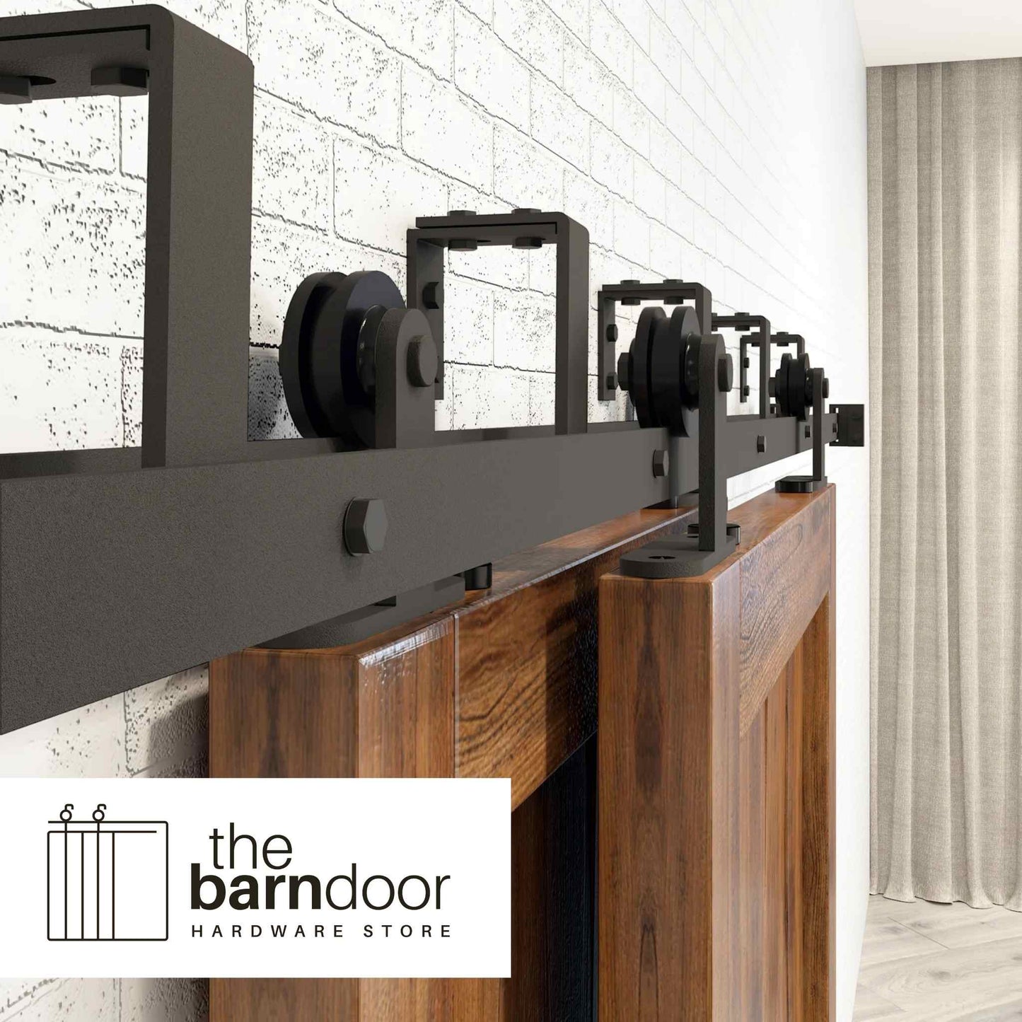 Straight Top Mount Black Double Bypass Barn Door Hardware Kit