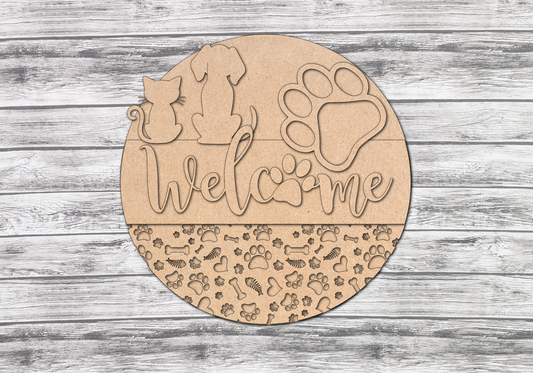 Welcome Cat and Dog Paws Door Hanger Unfinished Kit
