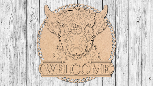 Welcome Highland Cow Happy Door Hanger - DIY Unfinished Kit - Lvl 3