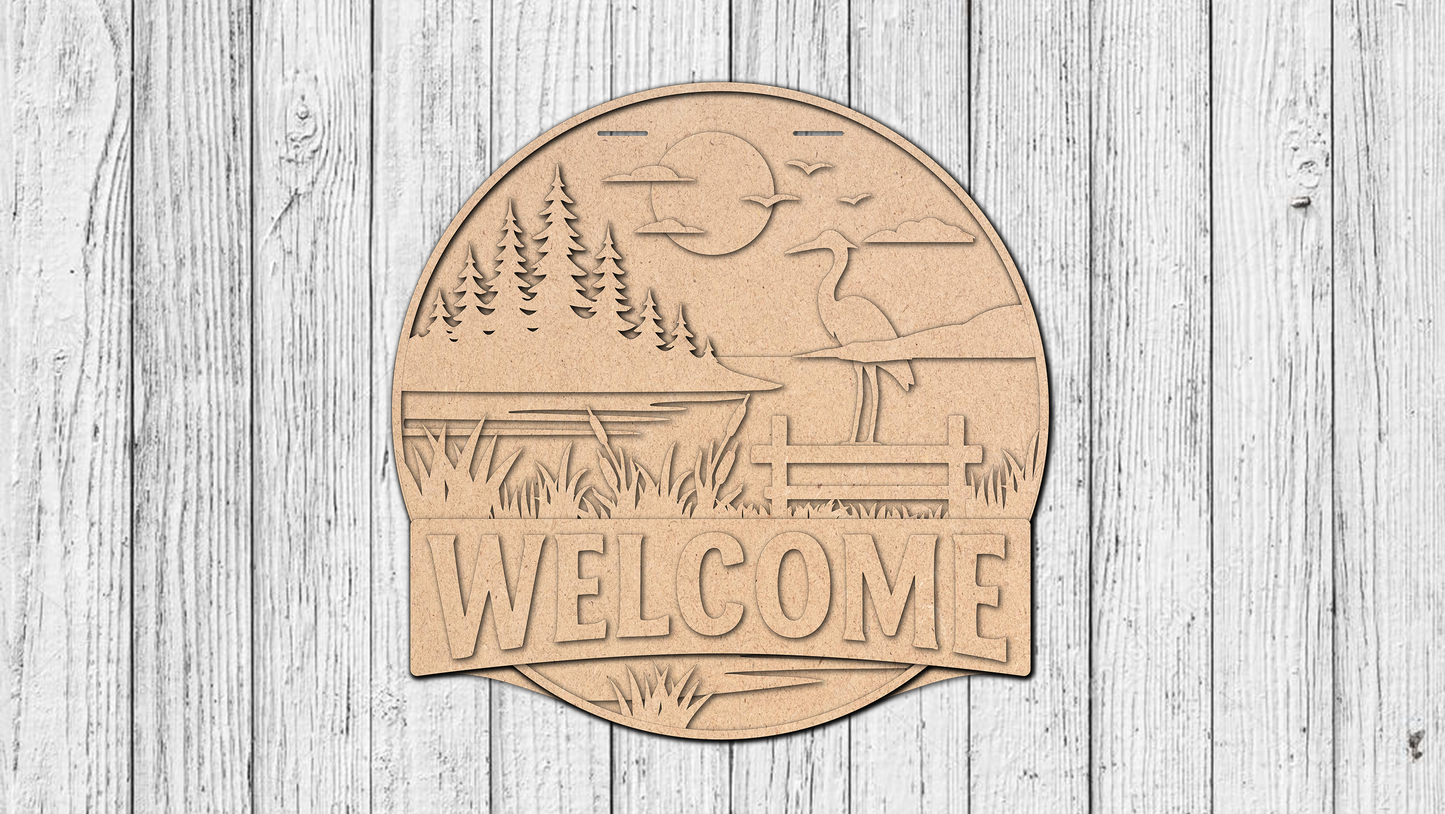 Welcome Lake with Crane Door Hanger - DIY Unfinished Kit - Lvl 2