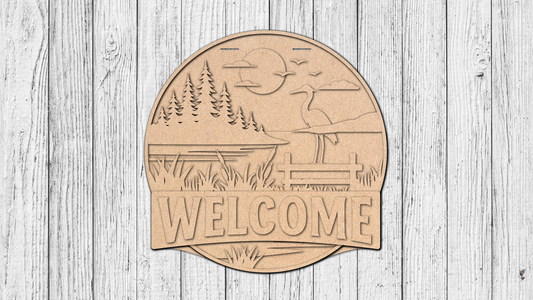 Welcome Lake with Crane Door Hanger - DIY Unfinished Kit - Lvl 2