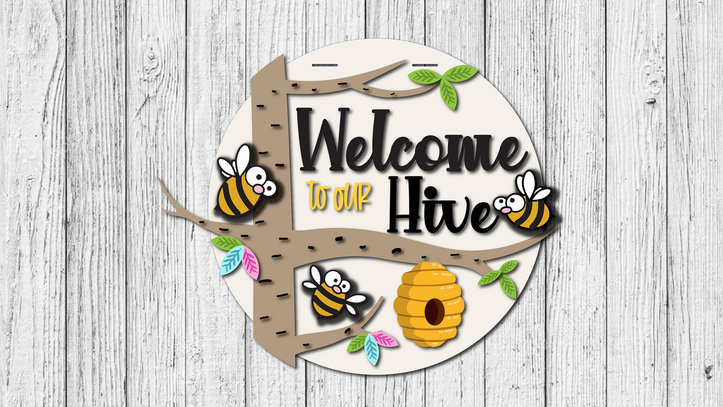 Welcome To Hive Bee Door Hanger - DIY Unfinished Kit - Lvl 3