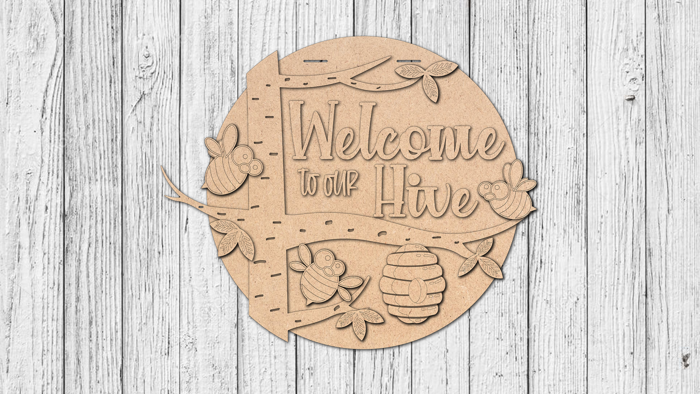 Welcome To Hive Bee Door Hanger - DIY Unfinished Kit - Lvl 3
