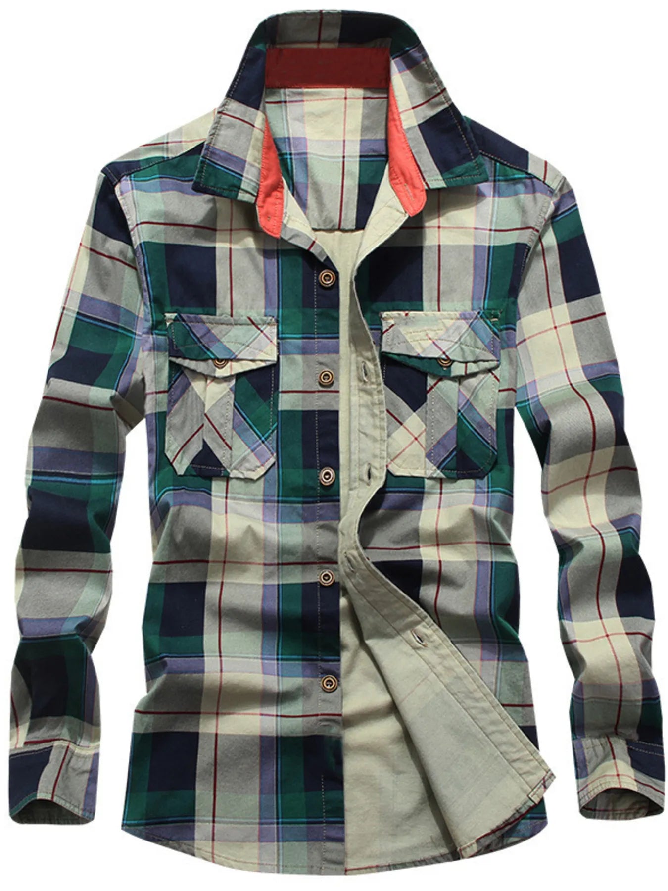 Men's Full Size Casual Plaid Long Sleeve Shirt Plus Size