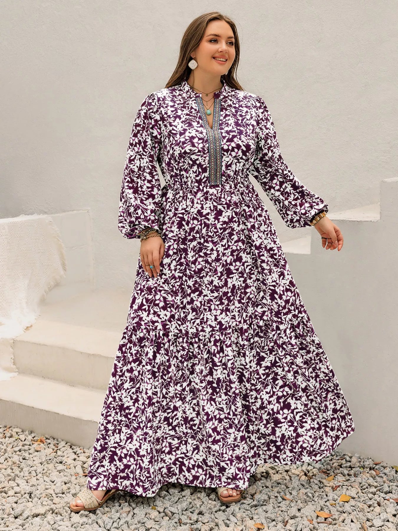 Plus Size Floral Print Maxi Dress with Long Sleeves