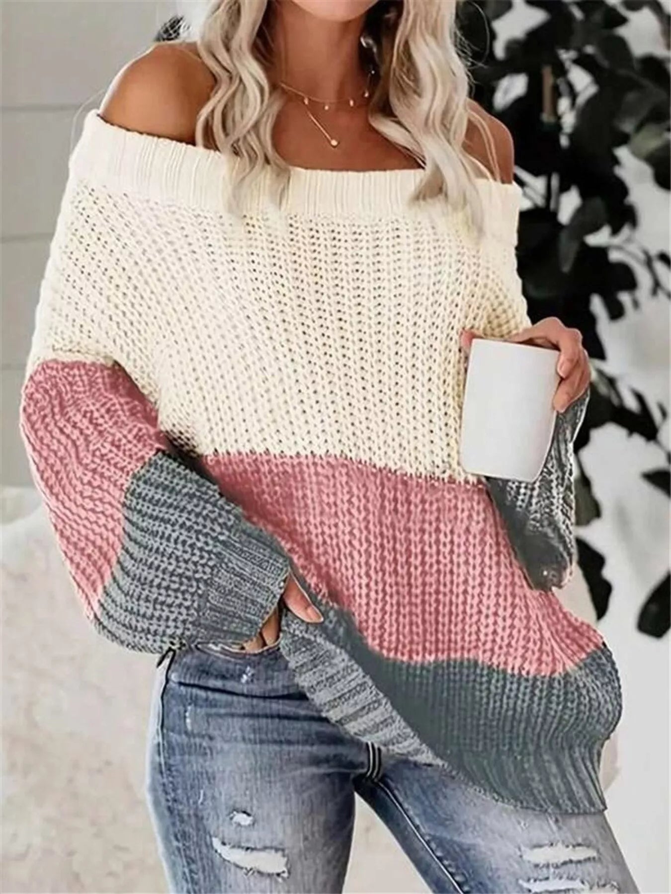 Off-Shoulder Color Block Sweater