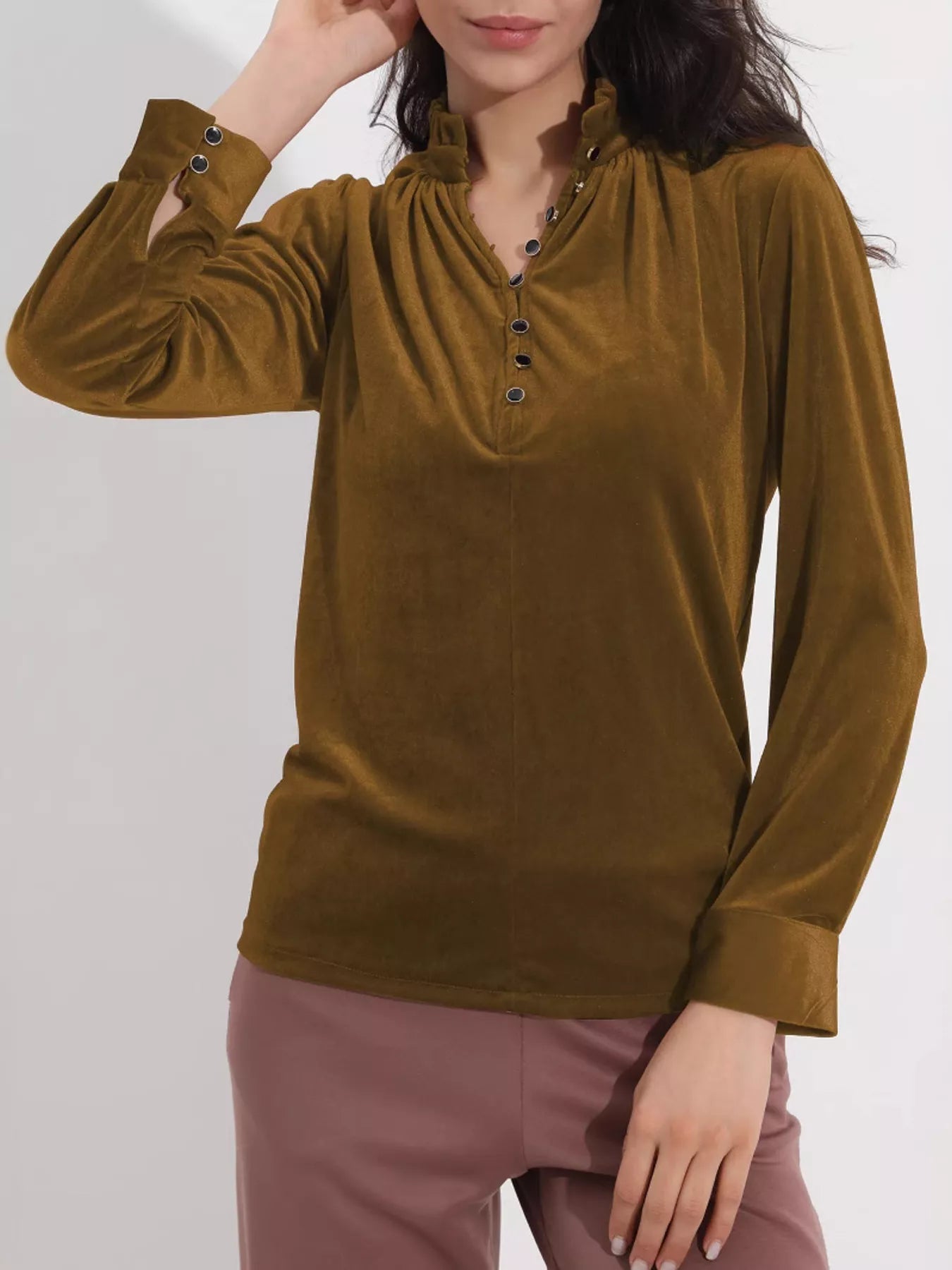 Elegant Velvet Ruffle Neck Blouse