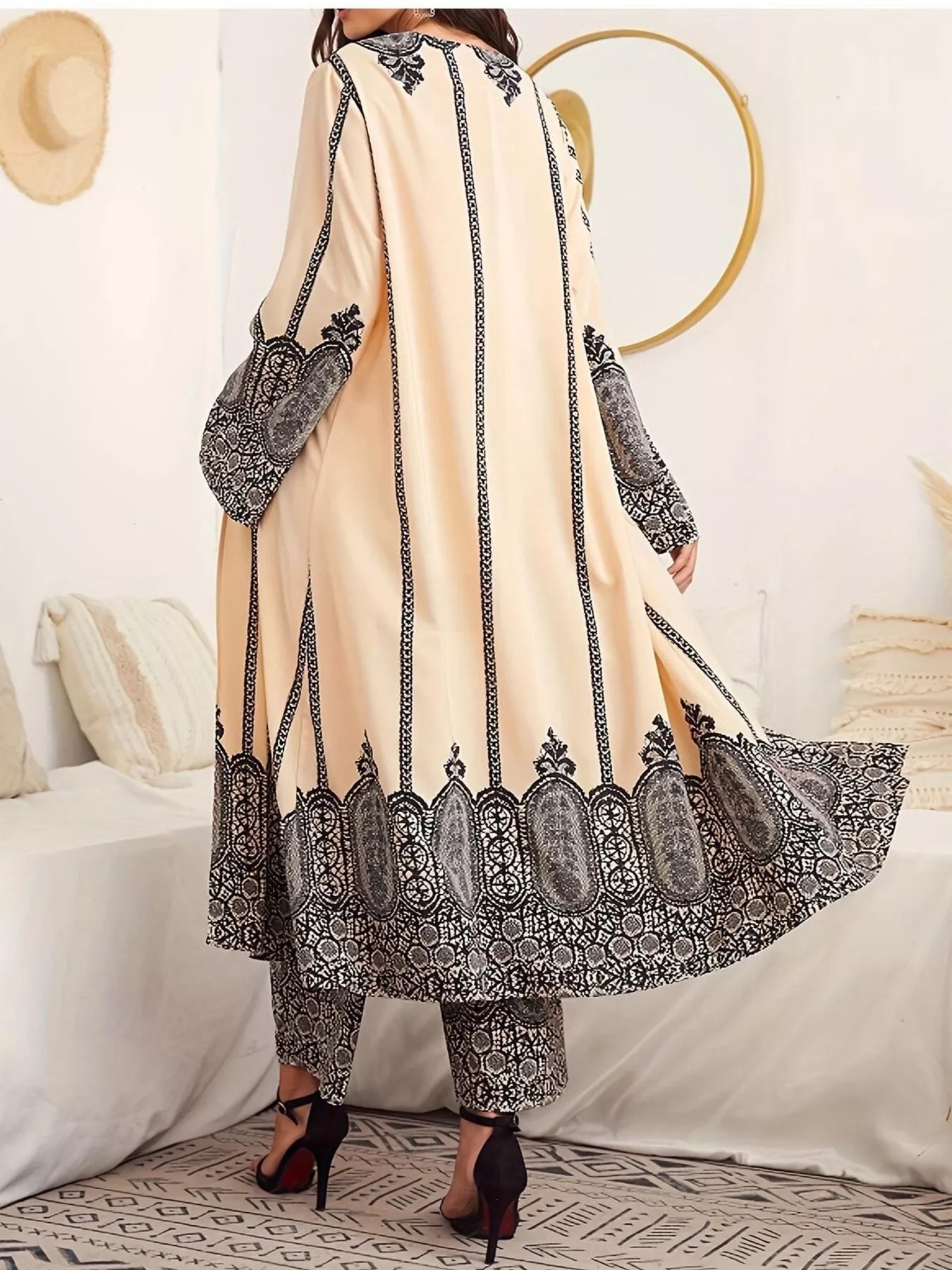 Printed Open Front Long Sleeve Cardigan & Pants Set