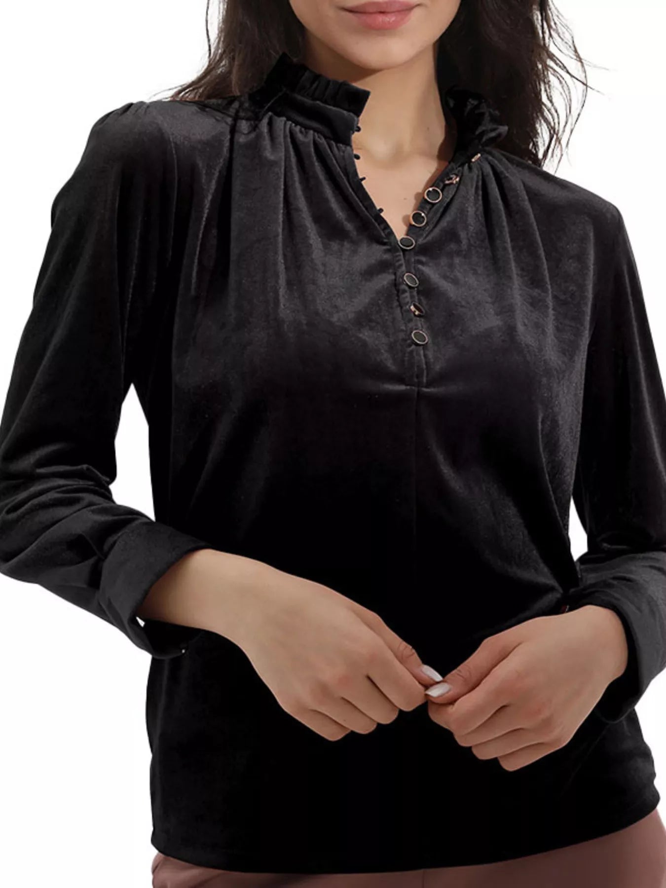 Elegant Velvet Ruffle Neck Blouse