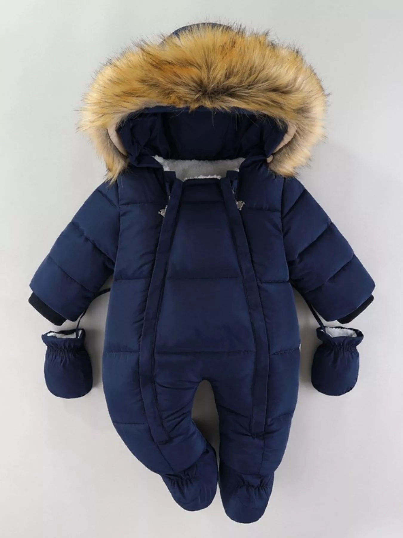 Children's Warm Padded One-Piece Snowsuit with Fur Hood