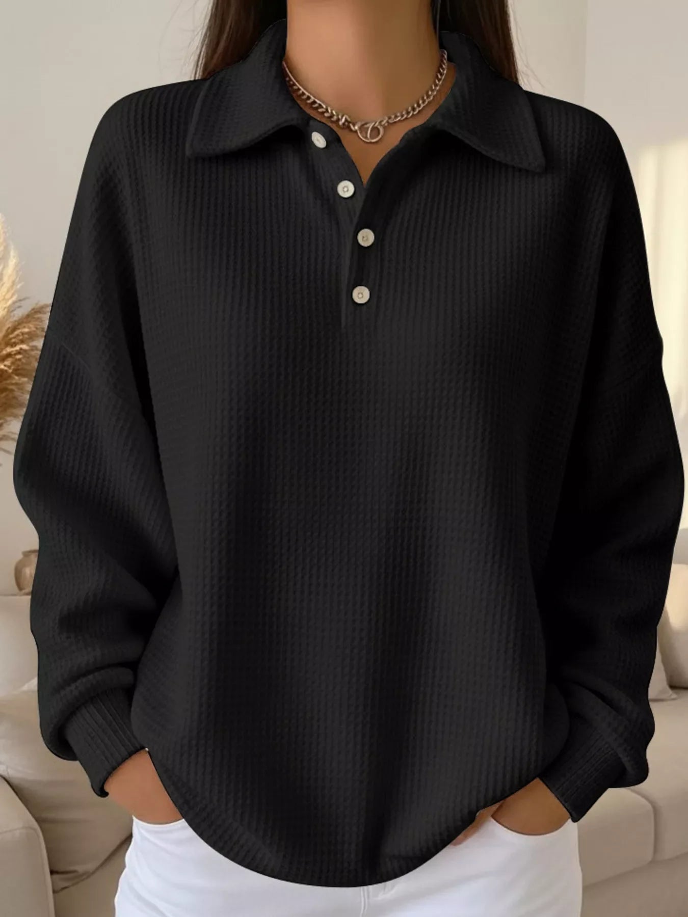 Full Size Waffle Knit Button Detail Sweatshirt Plus Size