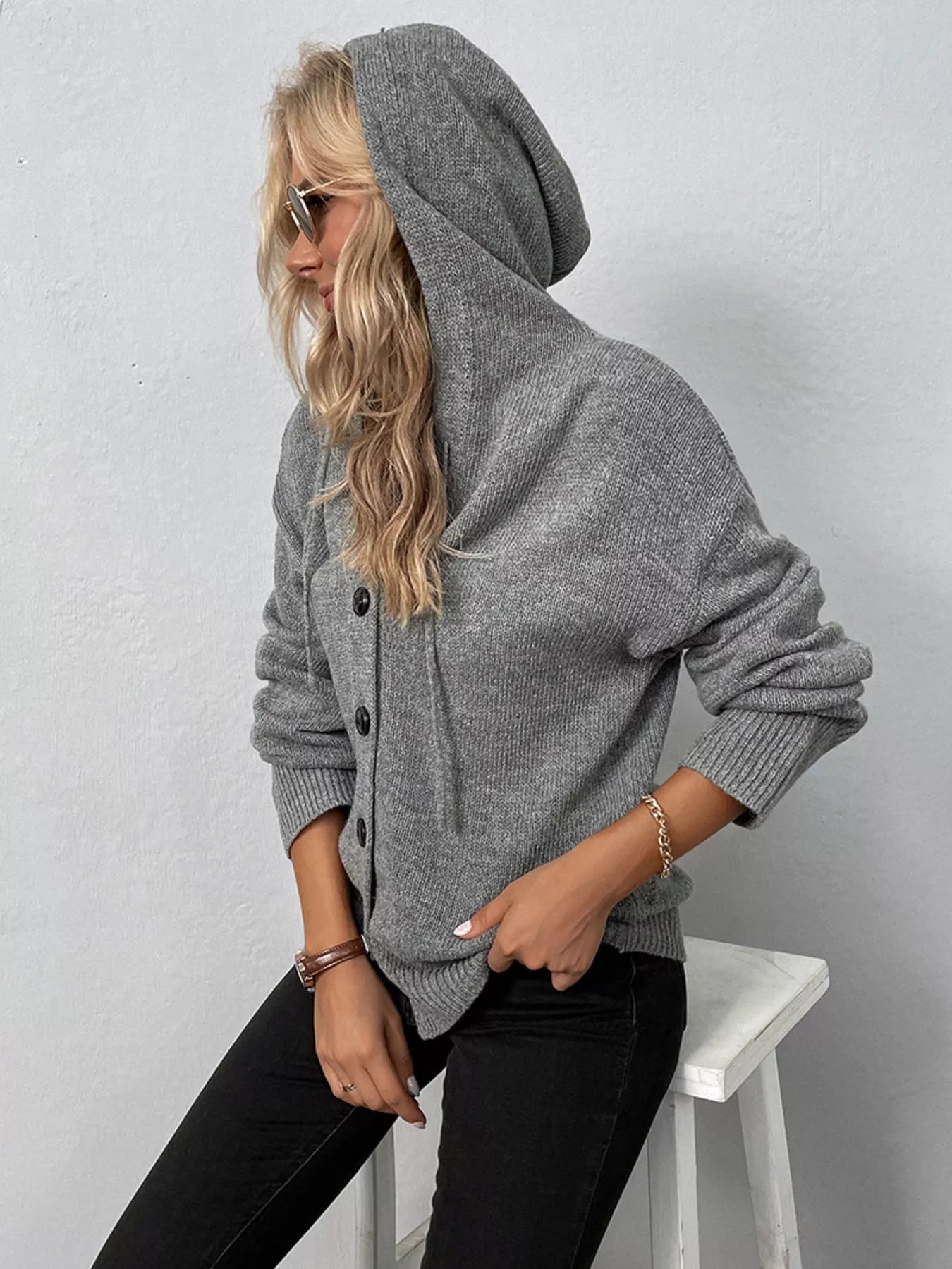 Full Size Cozy Knit Hooded Button-Down Cardigan Plus Size