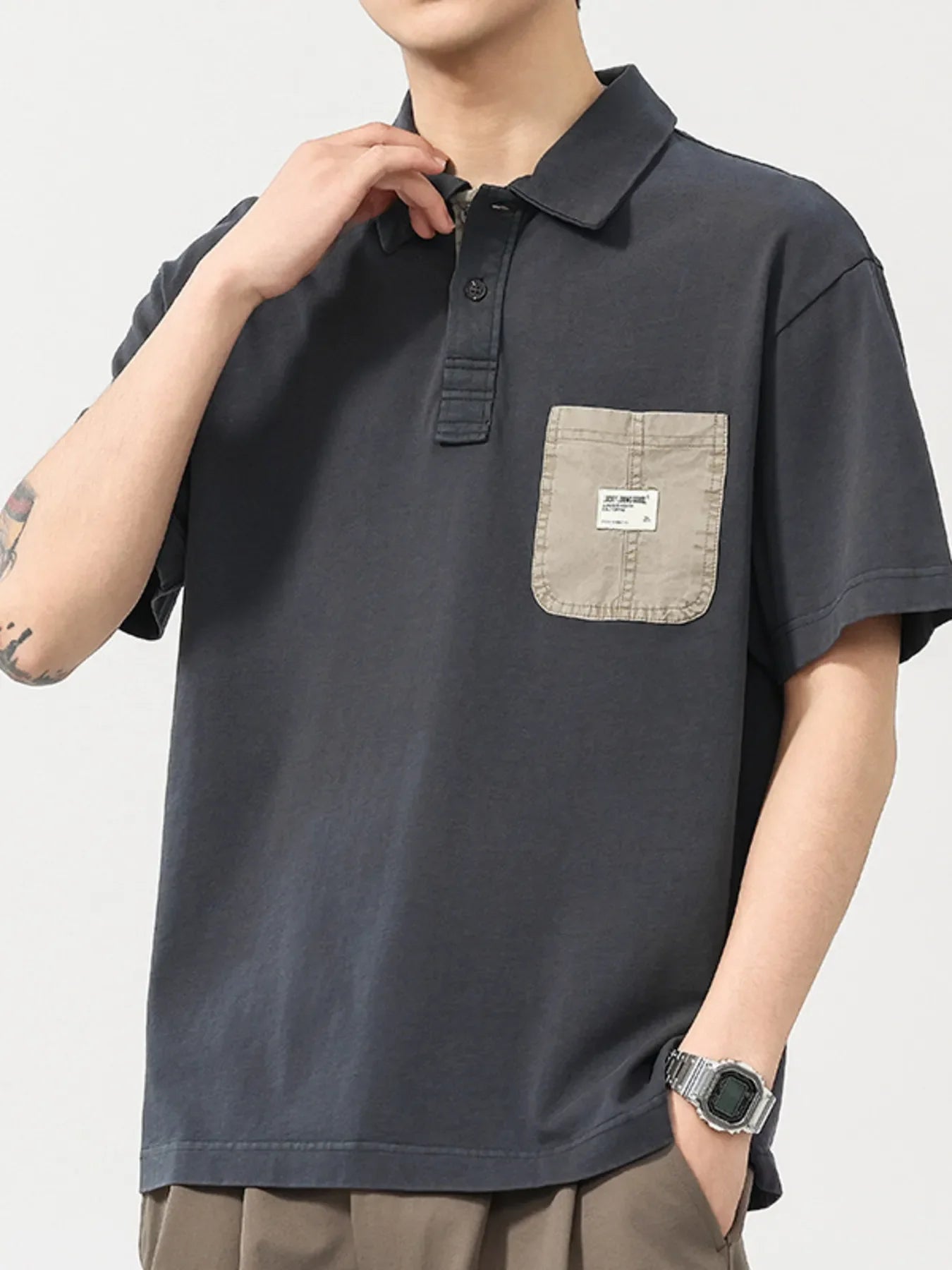 Men's Plus Size Vintage Washed Pocket Polo Shirt