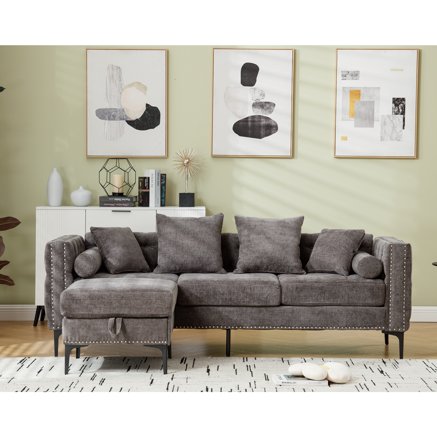 L Shaped Sectional Convertible Sofa with Storage Ottoman and Modern Tufted style