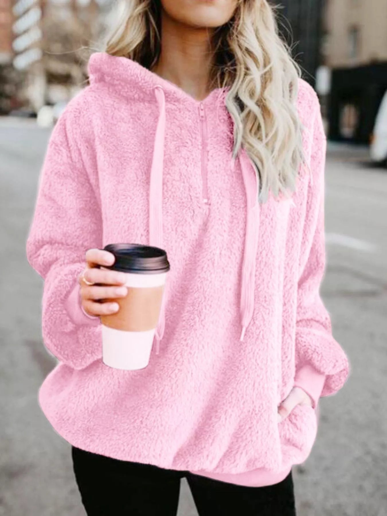 Full Size Half Zip Drawstring Fleece Hoodie Plus Size