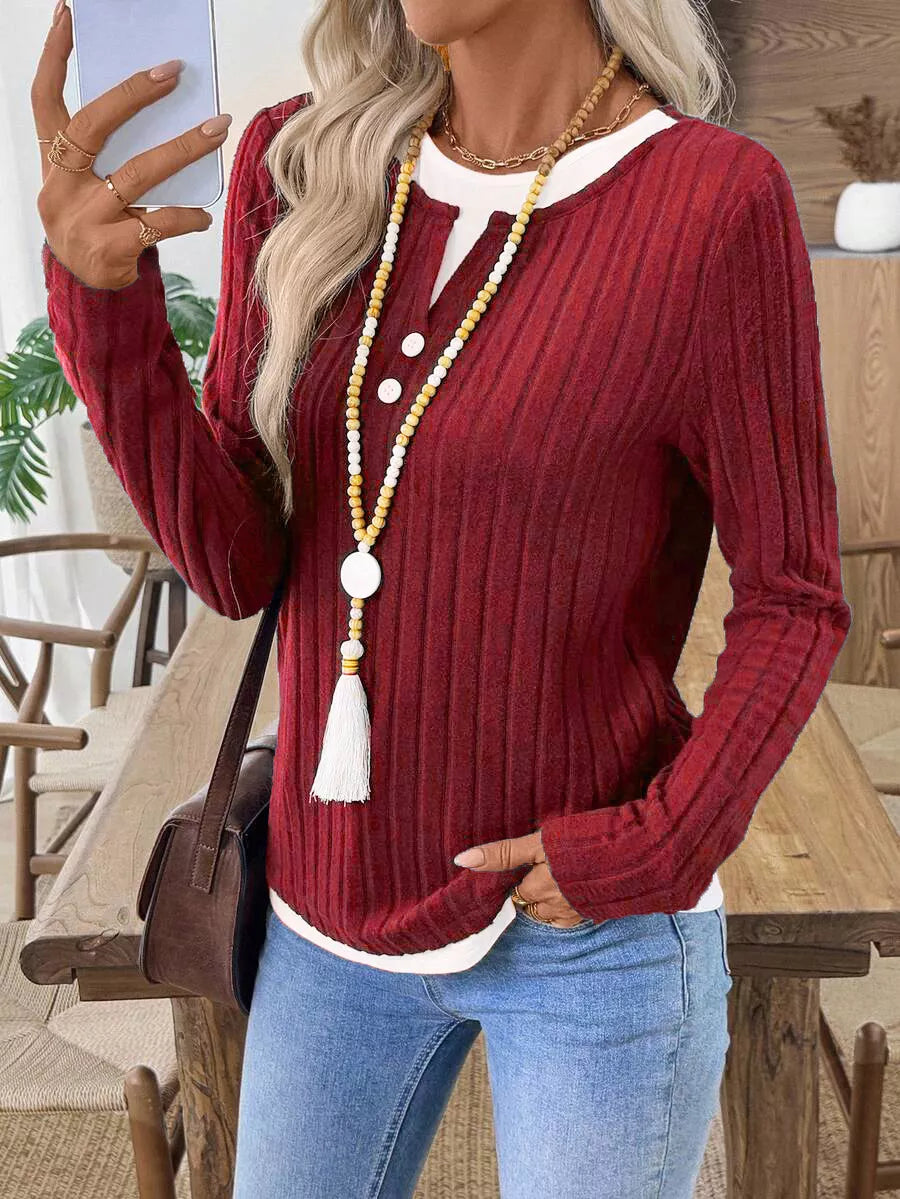Ribbed Knit Long Sleeve Fake Two-Piece T-Shirt