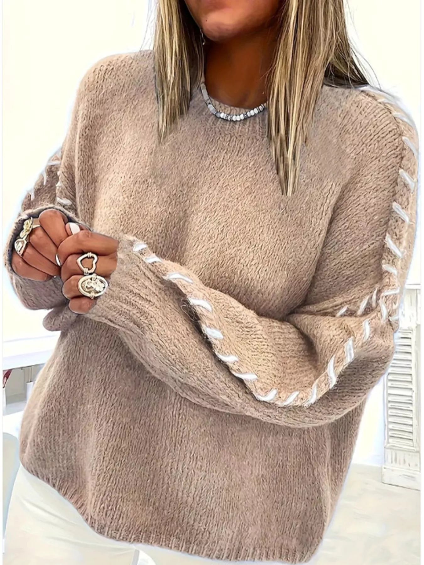 Contrast Stitching Dropped Shoulder Sweater