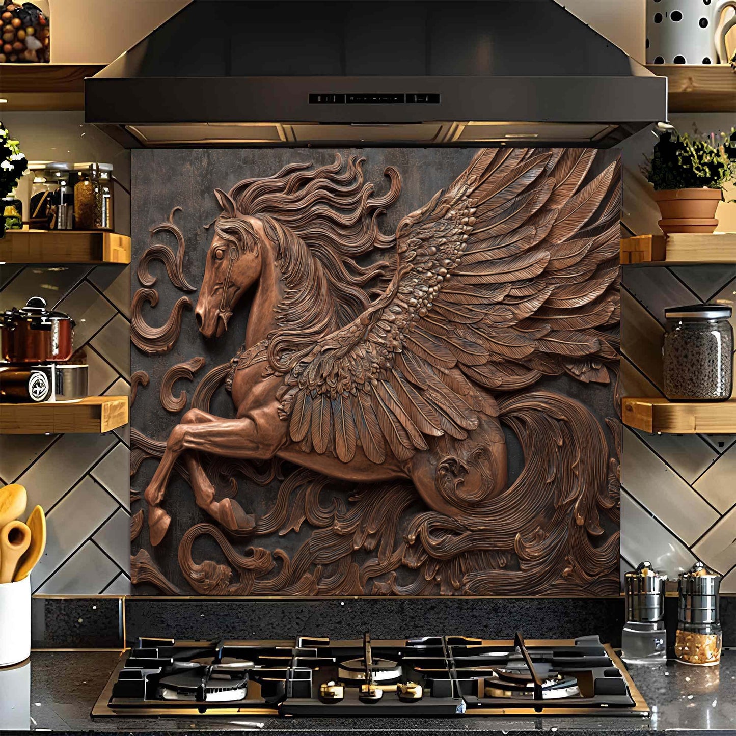 Copper Pegasus – Tempered Glass Backsplash for Kitchen Stove | Winged Horse Backsplash