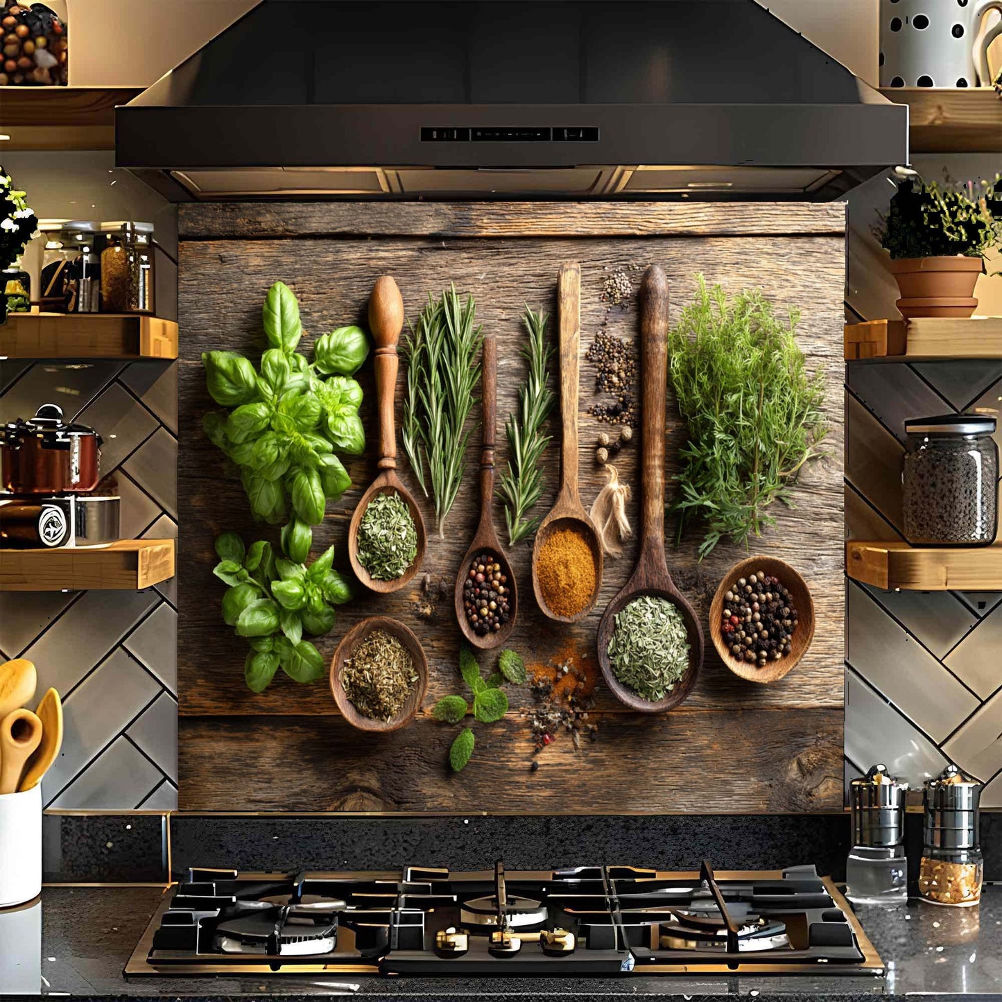 Herbal Harmony – Tempered Glass Backsplash for Kitchen Stove | Rustic Botanical Backsplash