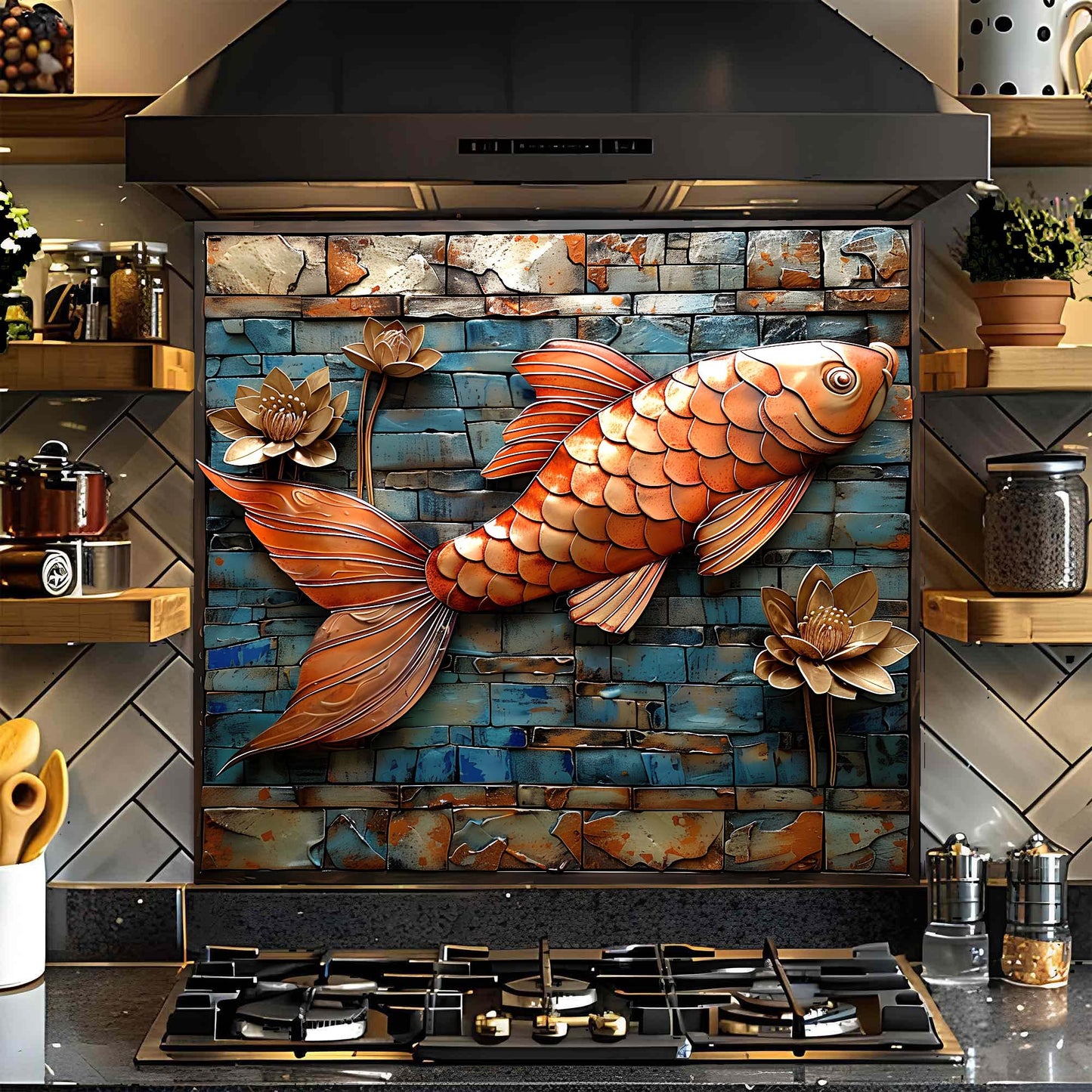 Copper Koi – Tempered Glass Backsplash for Kitchen | Fish and Lotus Copper Look Backsplash