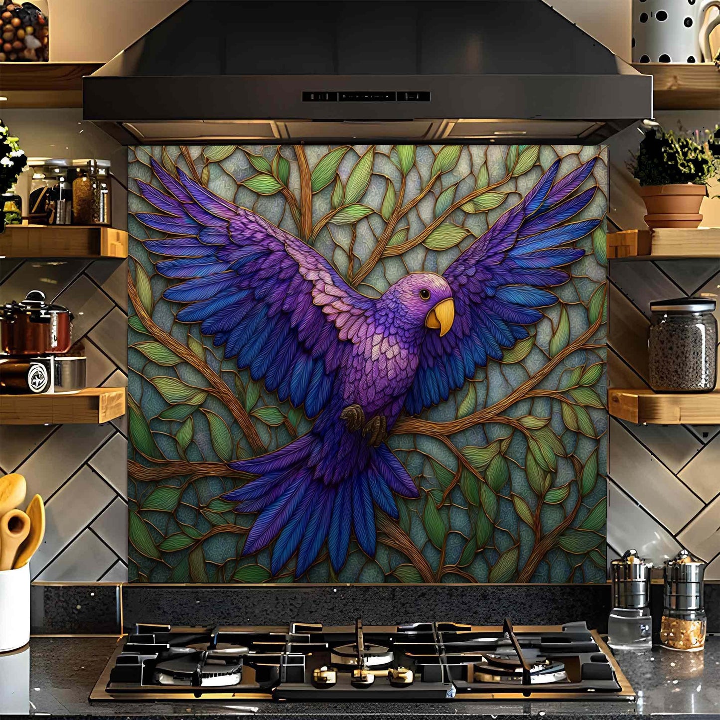 Violet Flight – Tempered Glass Backsplash for Kitchen Stove | Purple Bird Mosaic Backsplash