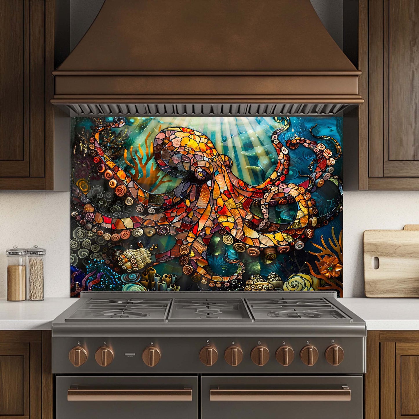 Octopus Odyssey – Tempered Glass Backsplash for Kitchen – Stained Glass Look Splashback