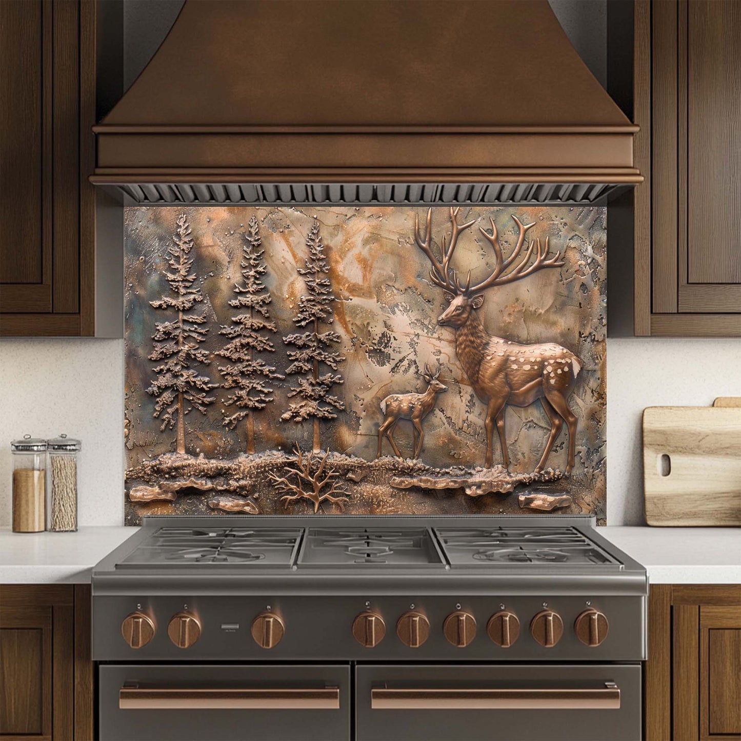 Bronze Elk Scene – Tempered Glass Backsplash for Kitchen | Forest Deer Stove Backsplash