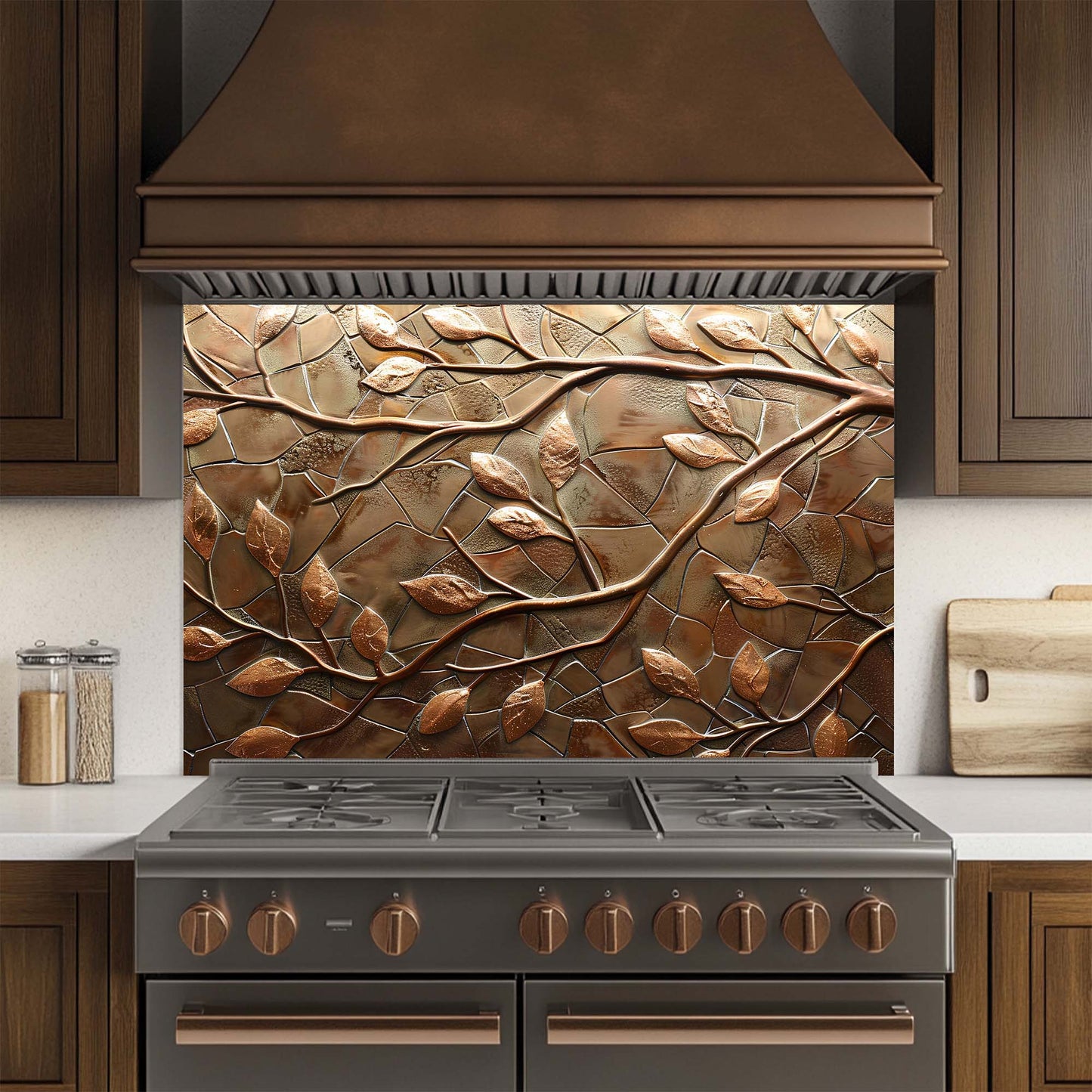 Bronze Branches – Tempered Glass Backsplash for Kitchen – Copper Look Glass Backsplash