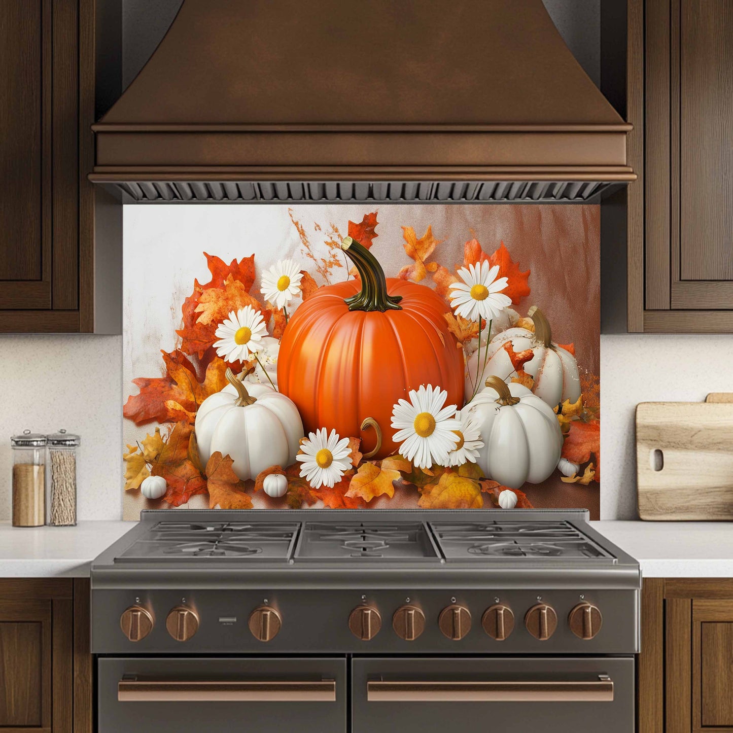 Pumpkin Bloom Tempered Glass Backsplash – Autumn Floral Kitchen Wall Art