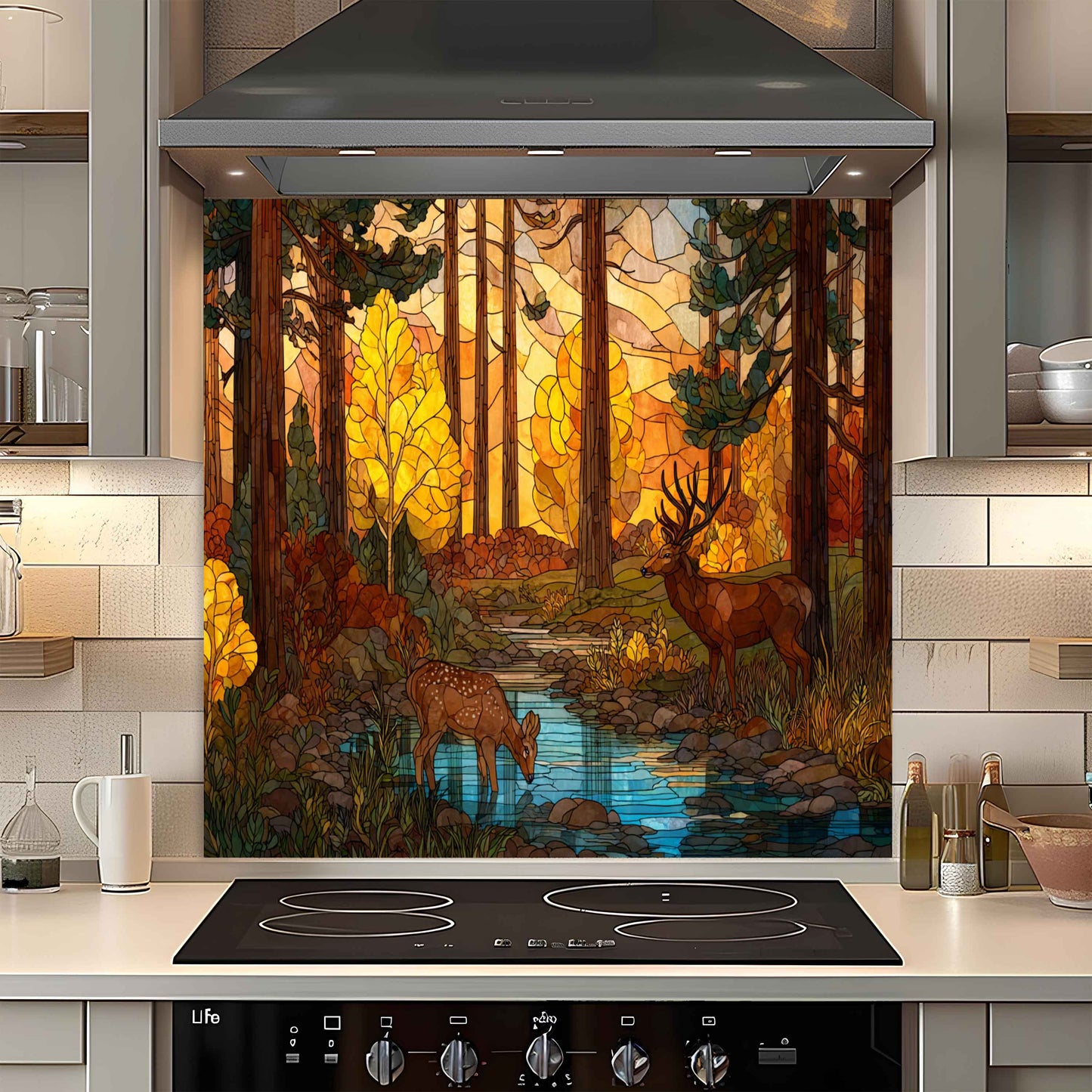 Tempered Glass Backsplash for Kitchen | Woodland Deer & Autumn Trees Stained Glass Look