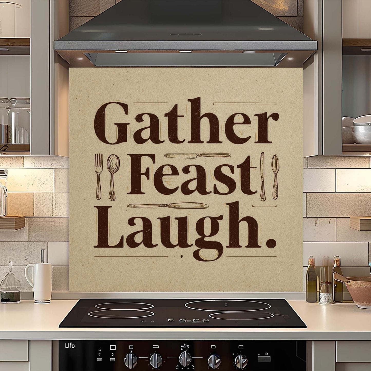 Gather Feast Laugh – Tempered Glass Backsplash for Kitchen – Dining Quote Splashback