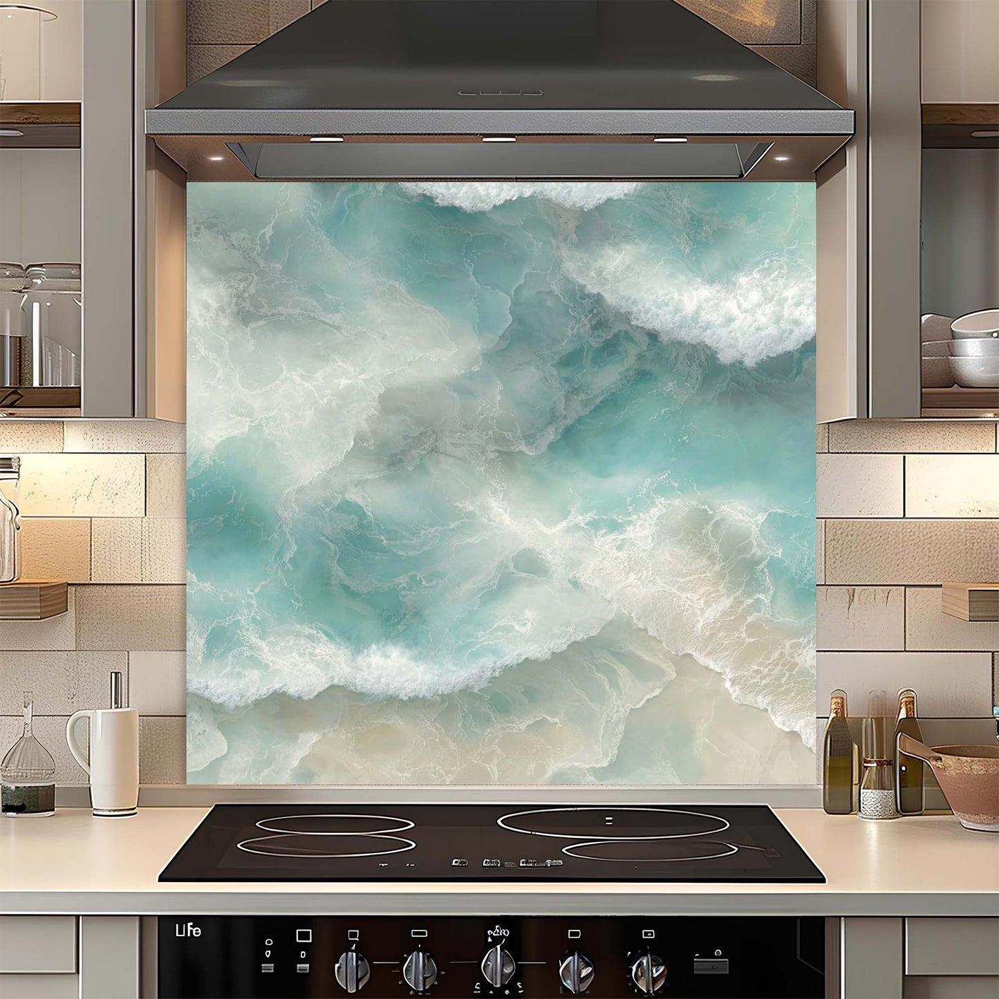 Coastal Tide – Tempered Glass Backsplash for Kitchen | Aerial Ocean Wave Backsplash